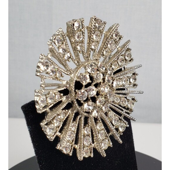 Vintage Large Sunburst Crystal Rhinestone 2.5" Silver Tone Brooch - Picture 9 of 16